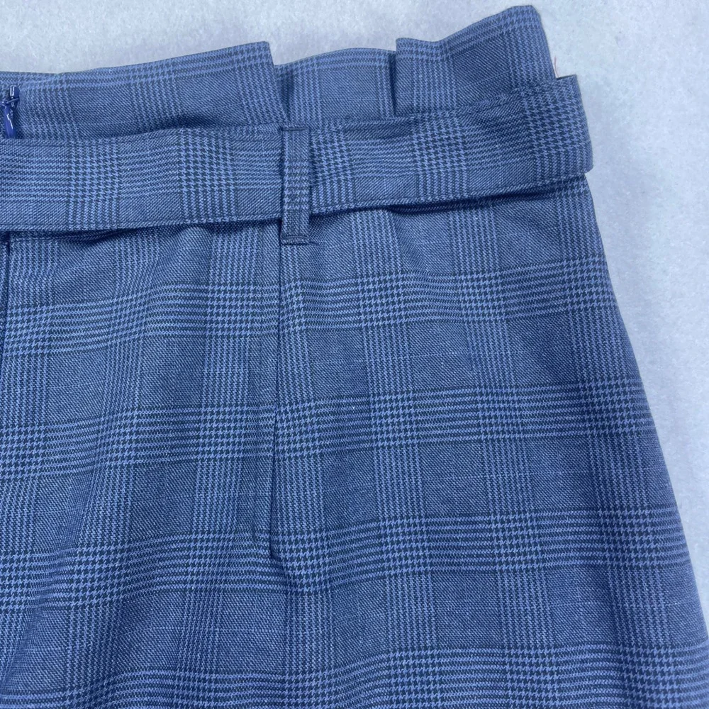 Blue Glen Plaid Paper Bag Waist Pencil Skirt with Belted Tie and Back Vent